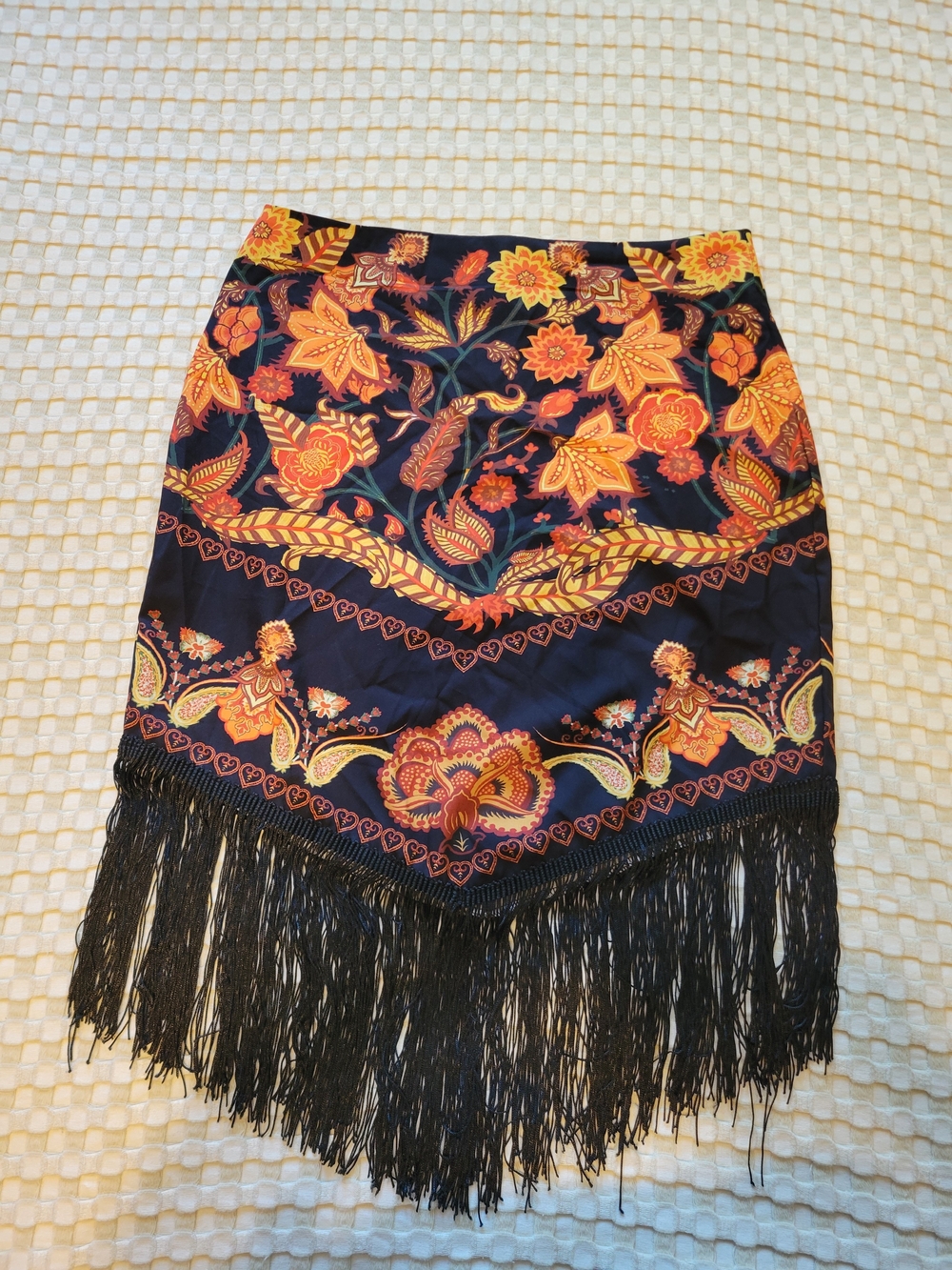 Boho Western  Floral Fringe Midi Skirt - Black with Orange Floral Print